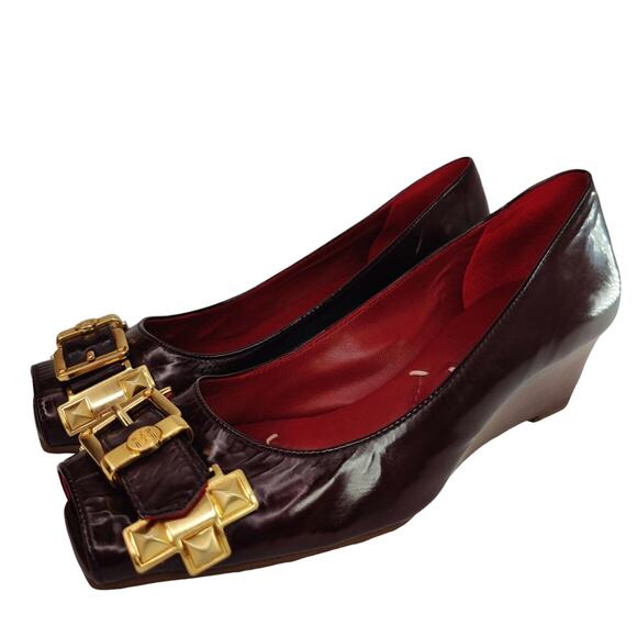Vintage Y2K Burgundy Studded Peep toe Wedges by BCBG Maxazeria - Picture 1 of 9